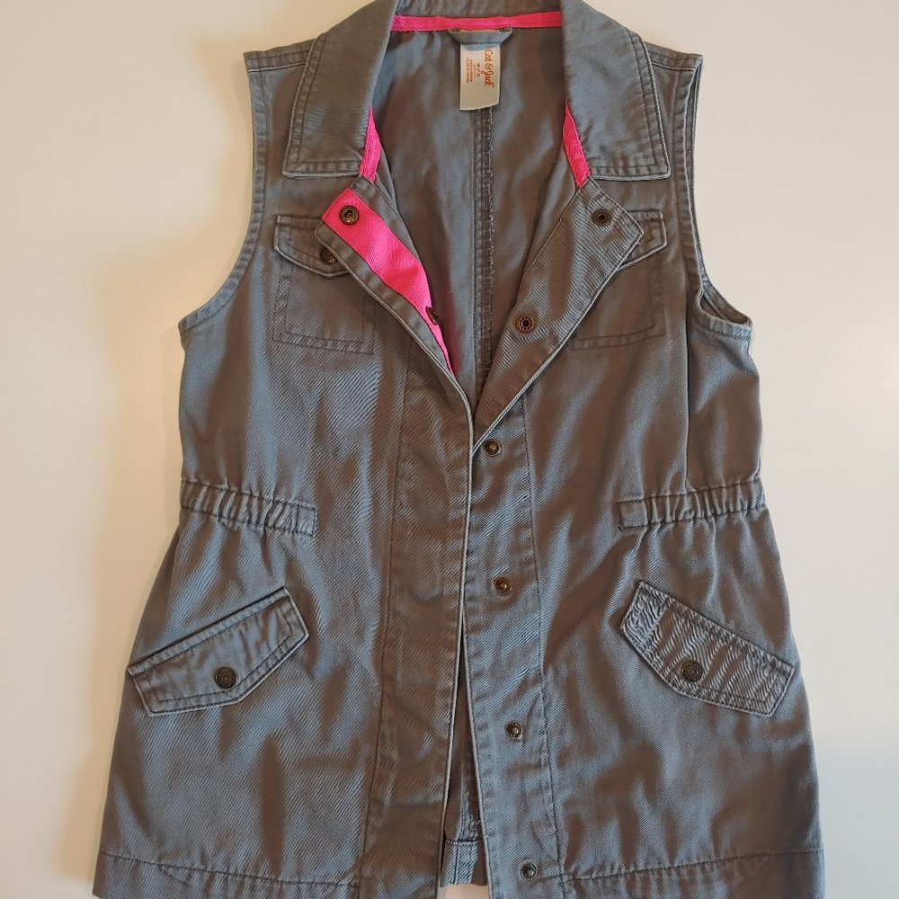 Cat & Jack | Grey Canvas Long Vest with Pockets | M | Front Snap Hot Pink